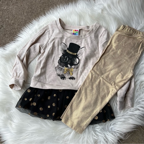 healthtex Other - Healthtex Cream Gold and Black Tutu Top and Gold Leggings Set